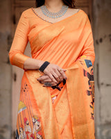 Orange Floral Printed Cotton Silk Saree