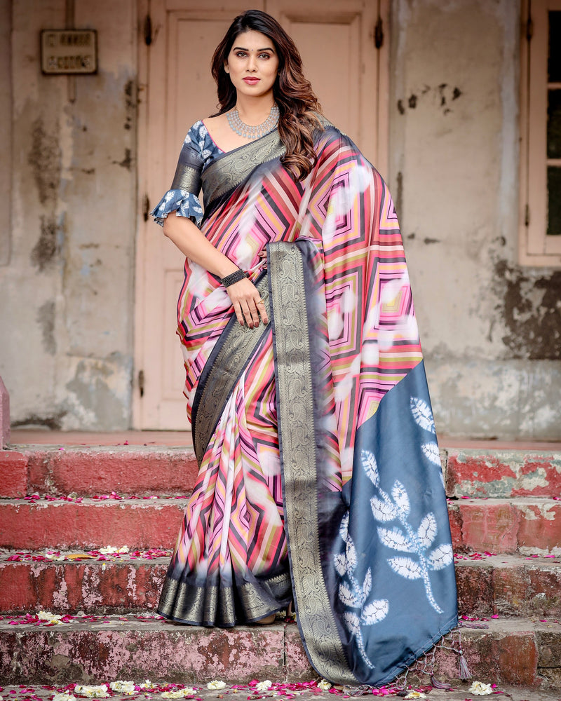 Black & Multi Floral Printed Cotton Silk Saree