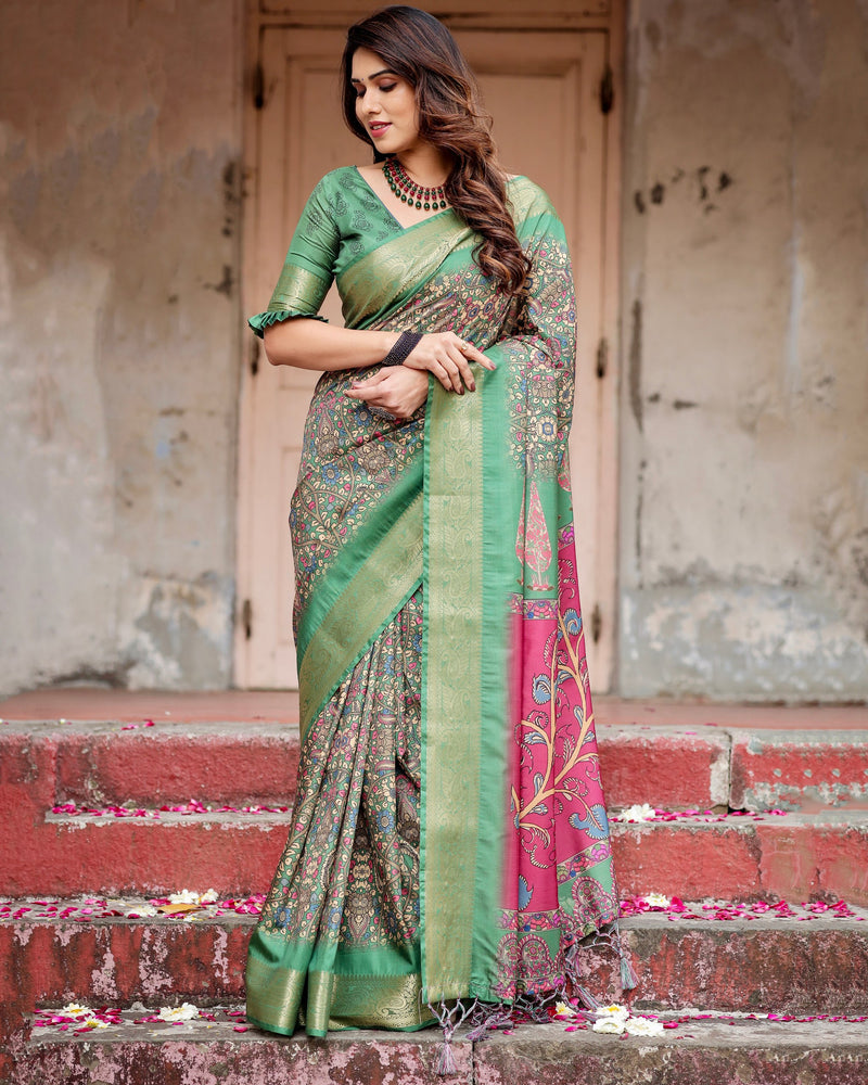 Green & Multi Floral Printed Cotton Silk Saree