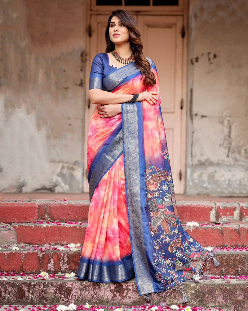 Dark Blue & Pink Floral Printed Cotton Silk Saree