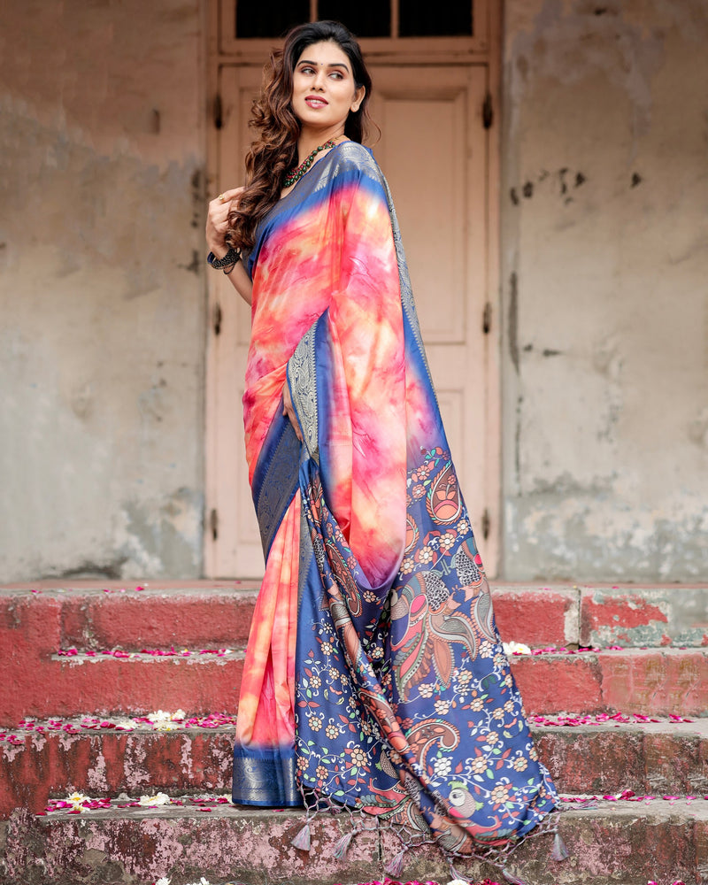 Dark Blue & Pink Floral Printed Cotton Silk Saree