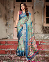 Light Green & Blue Floral Printed Cotton Silk Saree