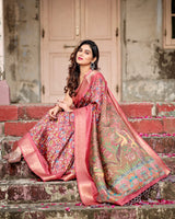 Dark Pink & Brown Floral Printed Cotton Silk Saree