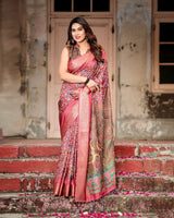 Dark Pink & Brown Floral Printed Cotton Silk Saree