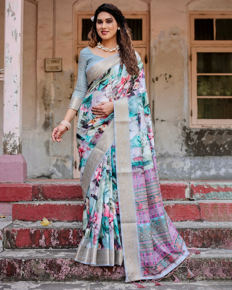 Multi Colour Floral Printed Cotton Silk Saree
