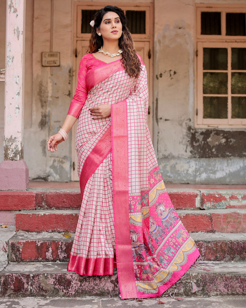Pink & Off White Floral Printed Cotton Silk Saree