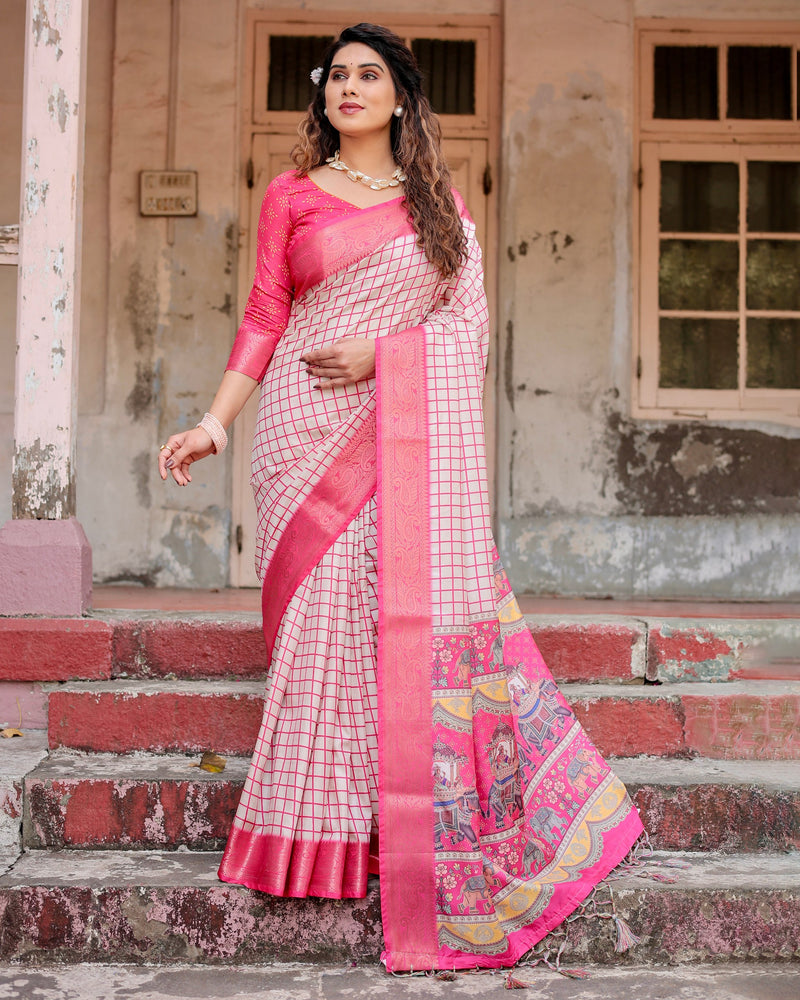 Pink & Off White Floral Printed Cotton Silk Saree