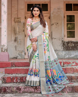 Cream & Multi Colour Floral Printed Cotton Silk Saree