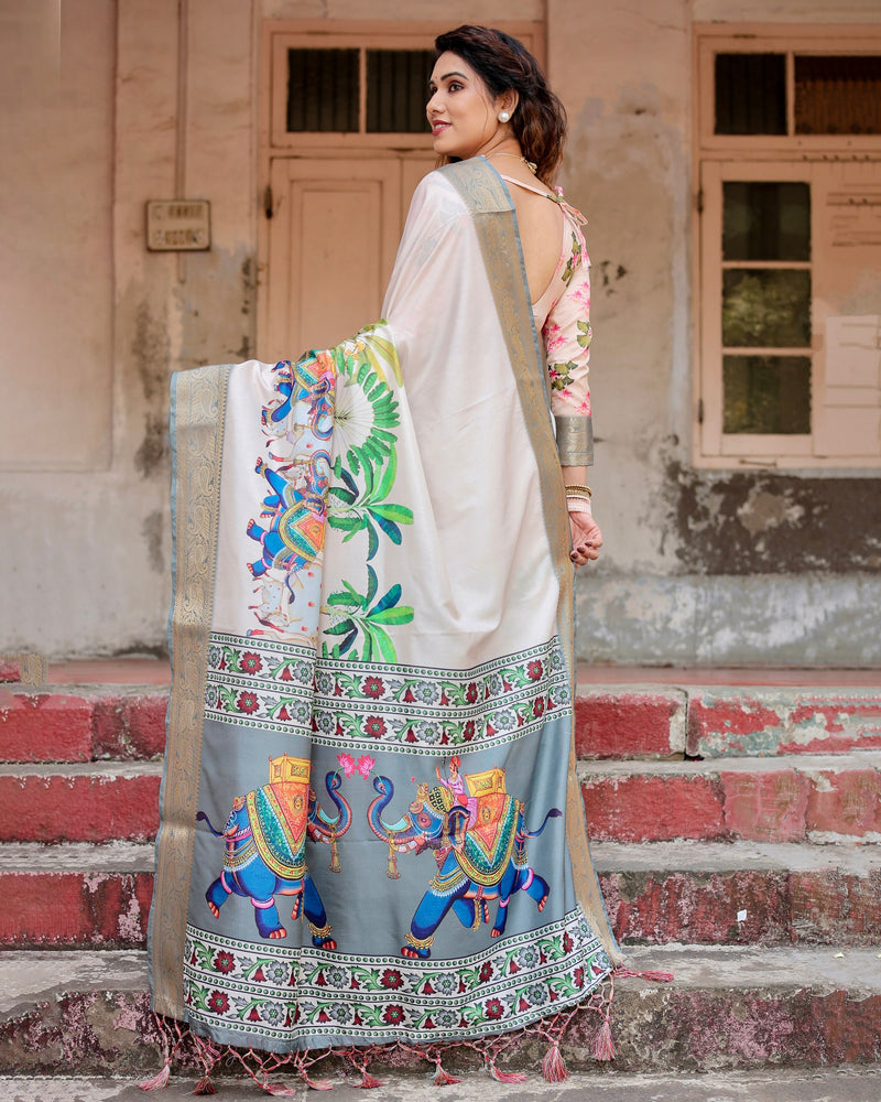 Cream & Multi Colour Floral Printed Cotton Silk Saree