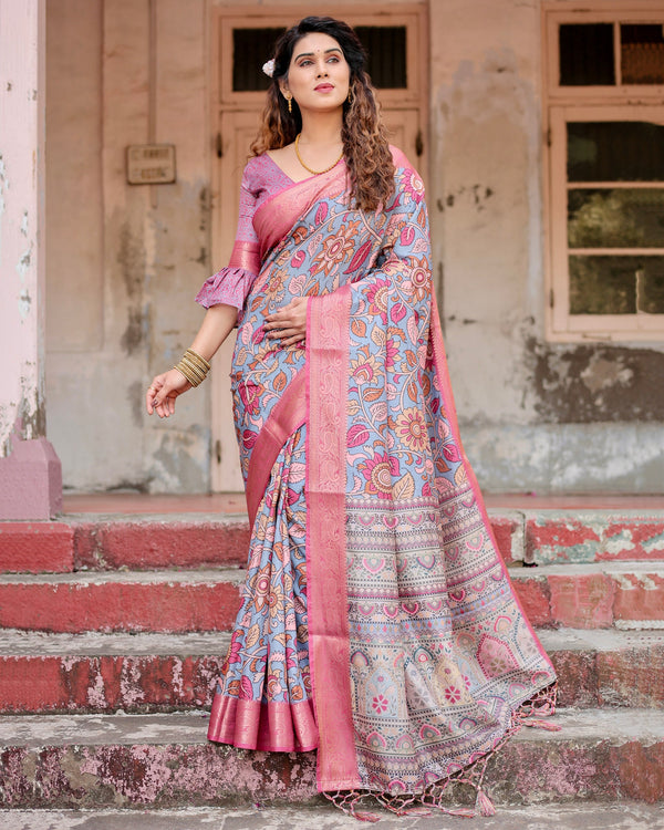 Grey & Pink Flower Floral Printed Cotton Silk Saree