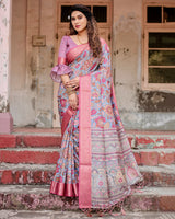 Grey & Pink Flower Floral Printed Cotton Silk Saree