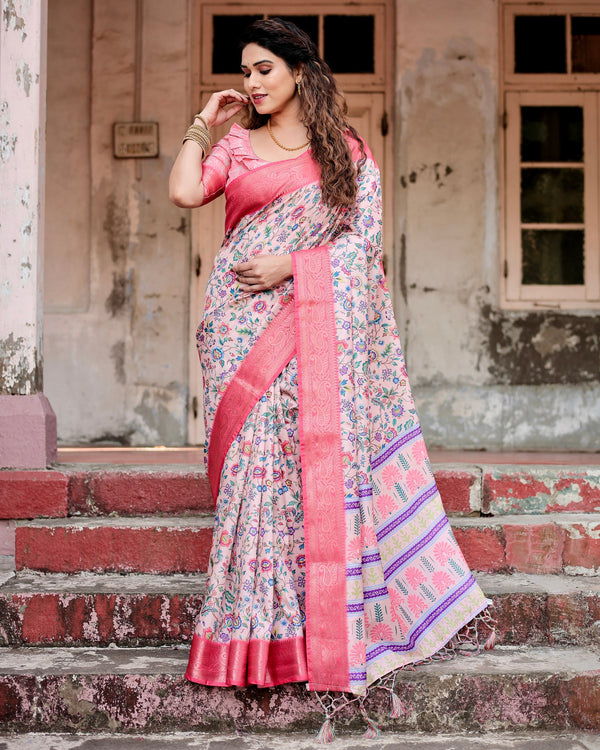 Light Pink Floral Printed Cotton Silk Saree