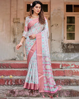 Pastel Blue & Pink Floral Printed Cotton Silk Saree