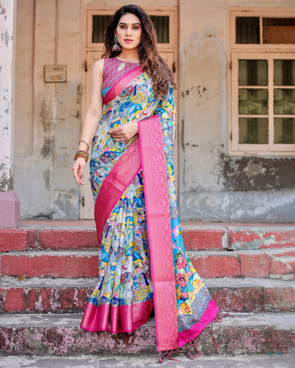 Sky Blue & Pink Floral Printed Cotton Silk Saree