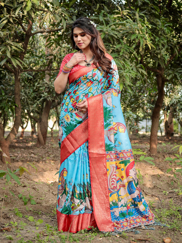 Turquoise Sky Blue Color Floral Printed Cotton Silk Saree