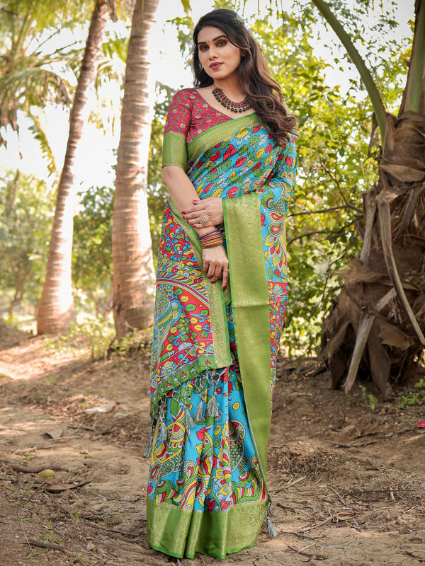 Deep Sky Blue & Green Floral Printed Cotton Silk Saree