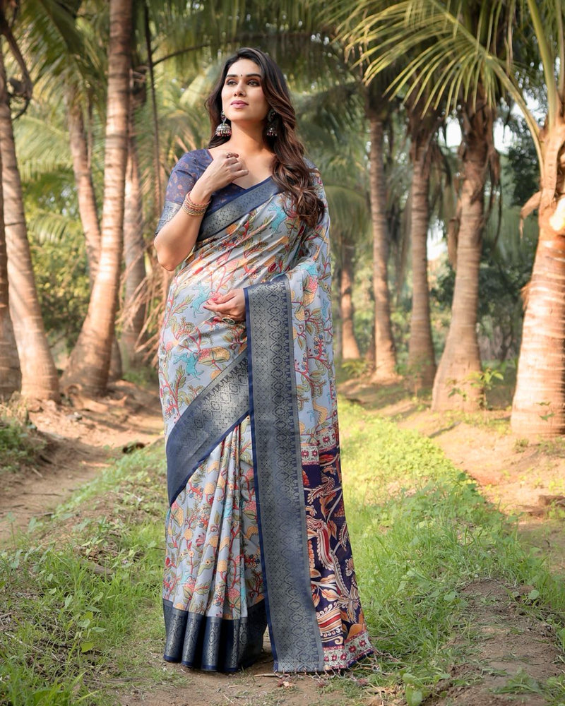 Light Grey & Blue Floral Printed Cotton Silk Saree