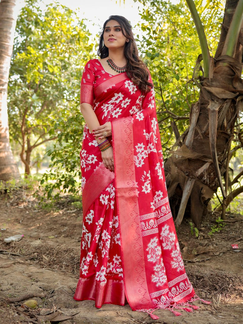 Crimson Red Floral Printed Cotton Silk Saree