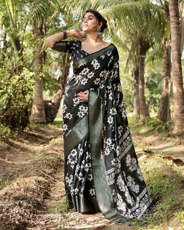 Black Floral Printed Cotton Silk Saree