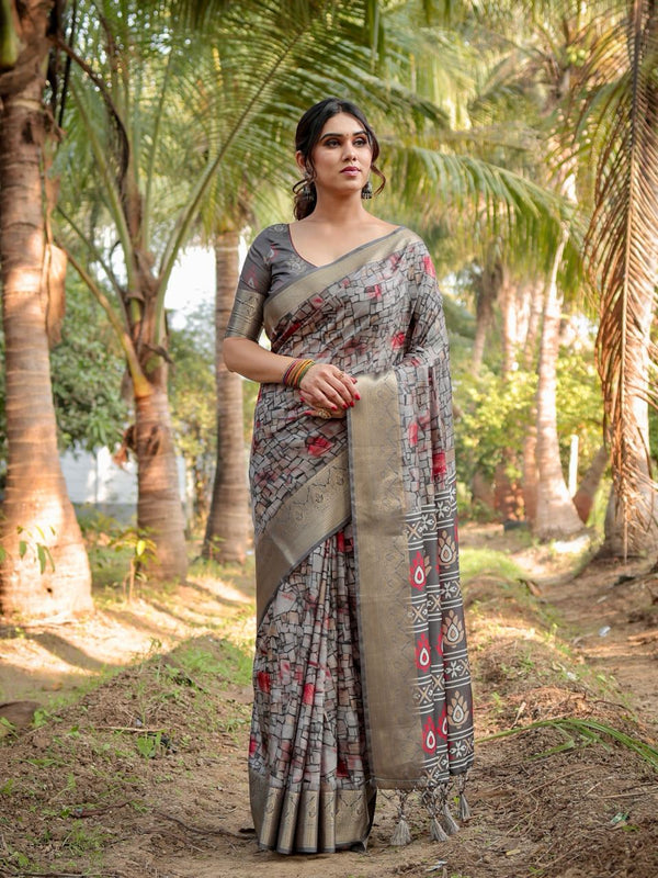 Fossil Gray Floral Printed Cotton Silk Saree