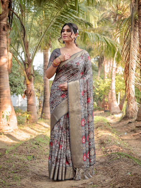 Fossil Gray Floral Printed Cotton Silk Saree