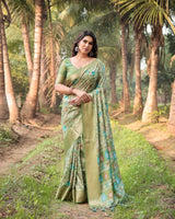 Pista Color Floral Printed Cotton Silk Saree