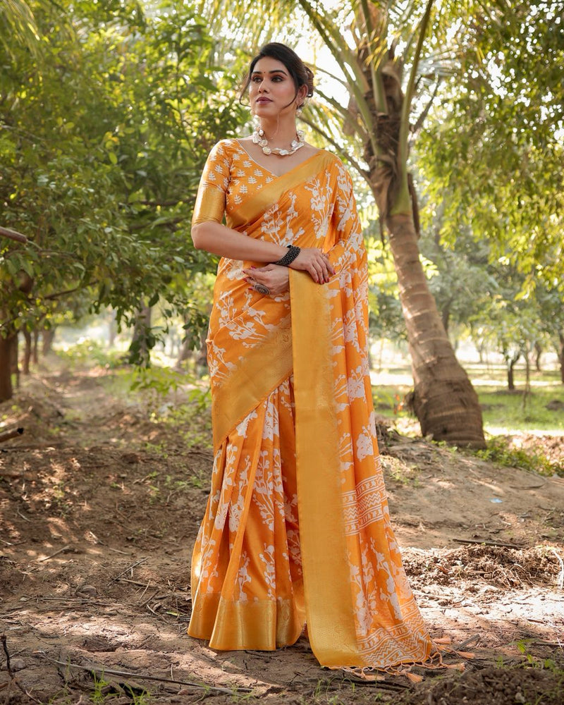 Yellow Color Floral Printed Cotton Silk Saree