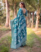 Teal Blue Floral Printed Cotton Silk Saree