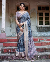 Dark Blue & Grey Floral Printed Cotton Silk Saree