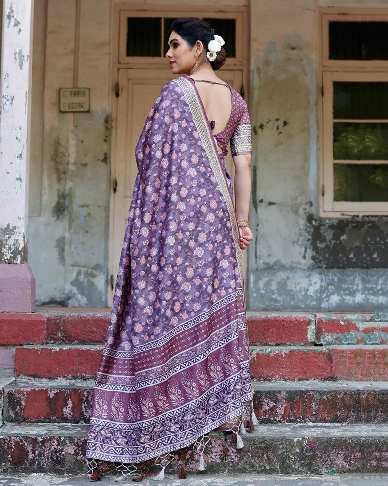 Luxury Purple Floral Printed Cotton Silk Saree