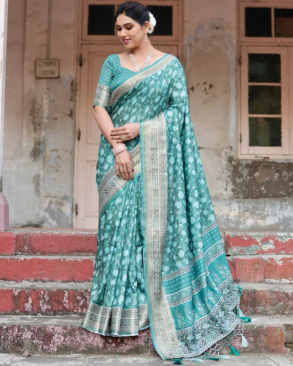 Delightful Rama Floral Printed Cotton Silk Saree