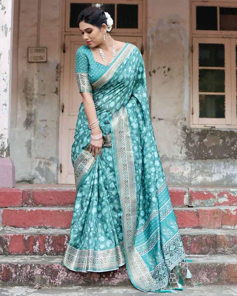 Delightful Rama Floral Printed Cotton Silk Saree