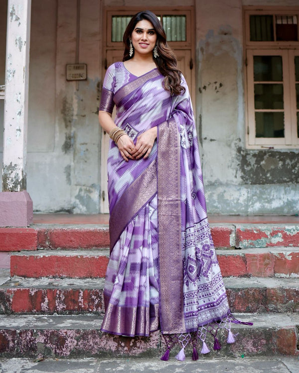 Royal Purple Floral Printed Cotton Silk Saree