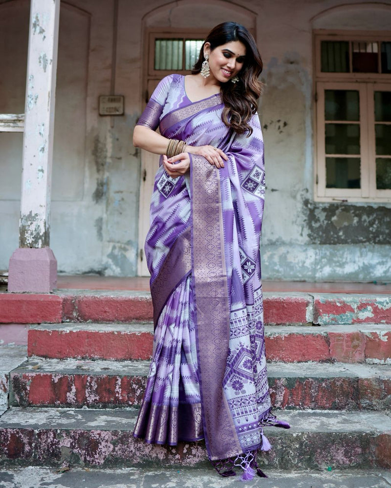 Royal Purple Floral Printed Cotton Silk Saree