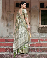 Pista Green Floral Printed Cotton Silk Saree