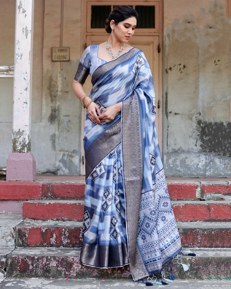 Blue Floral Printed Cotton Silk Saree