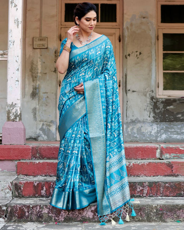 Sky Blue Floral Printed Cotton Silk Saree