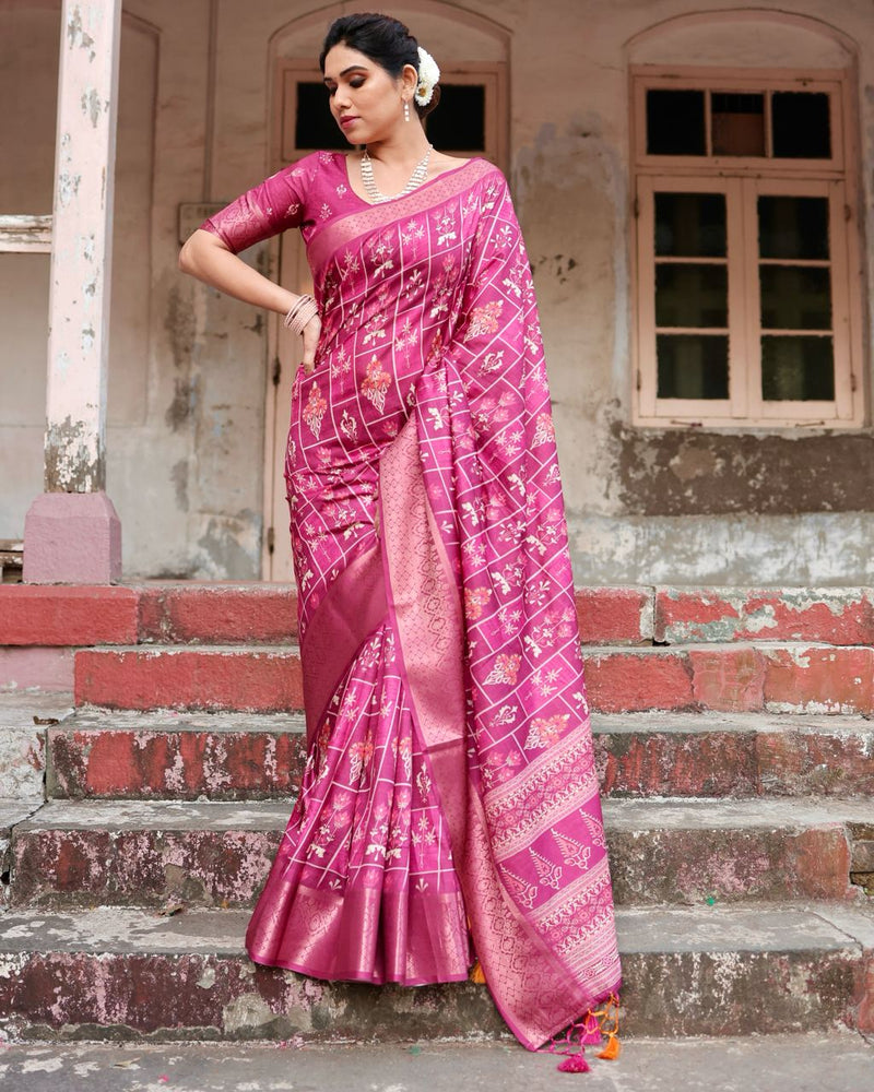 Rani Pink Floral Printed Cotton Silk Saree