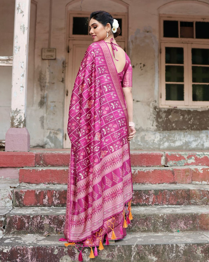 Rani Pink Floral Printed Cotton Silk Saree