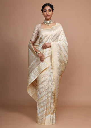 Cream Beige Banarasi Saree In Silk With Weaved Floral Design By KingWiz