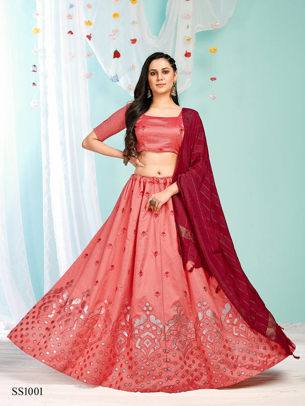 Peach & Maroon Embroidered Semi-stitched Lehenga & Unstitched Blouse With Dupatta