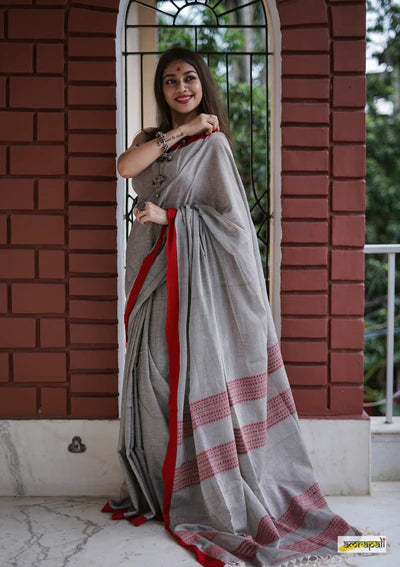 Gray Handloom Cotton With Dual Striped Woven Palla