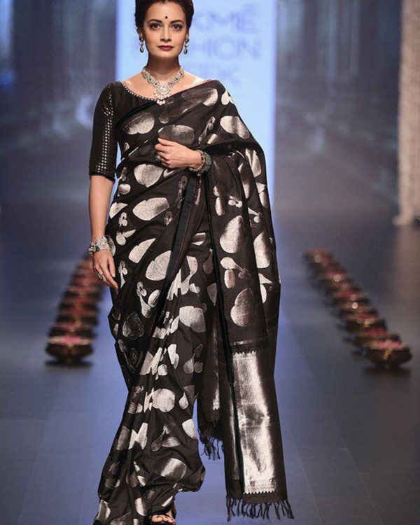 BLACK DHOLAKA Lichi Silk  SAREE WITH ATTACHED BLOUSE