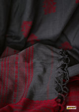 Charcoal Grey Handwoven Pure Mercerised Cotton With Manipuri Pattern Threadwork