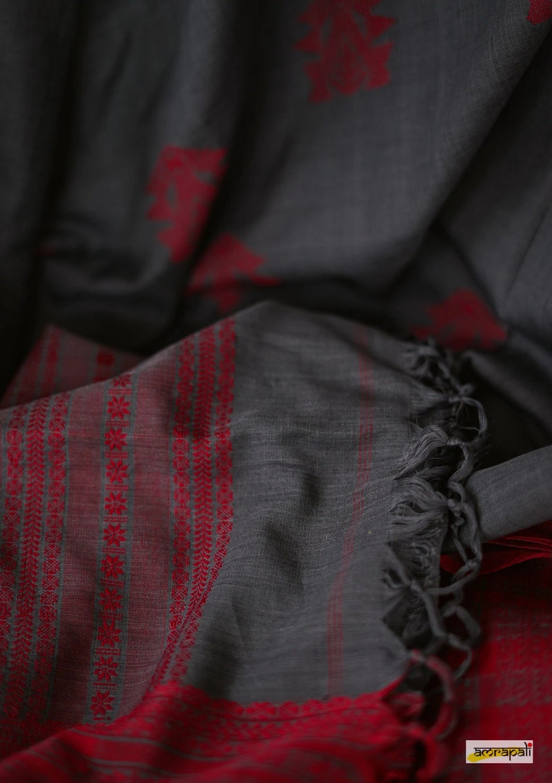 Charcoal Grey Handwoven Pure Mercerised Cotton With Manipuri Pattern Threadwork