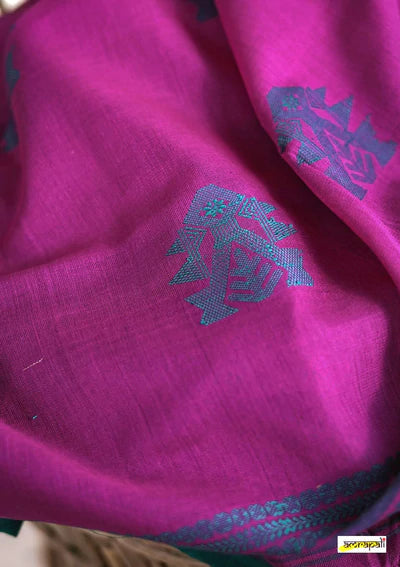 Magenta Handwoven Pure Mercerised Cotton With Manipuri Pattern Threadwork