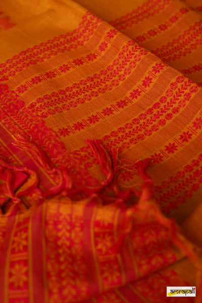Yellow Handwoven Pure Mercerised Cotton With Manipuri Pattern Threadwork