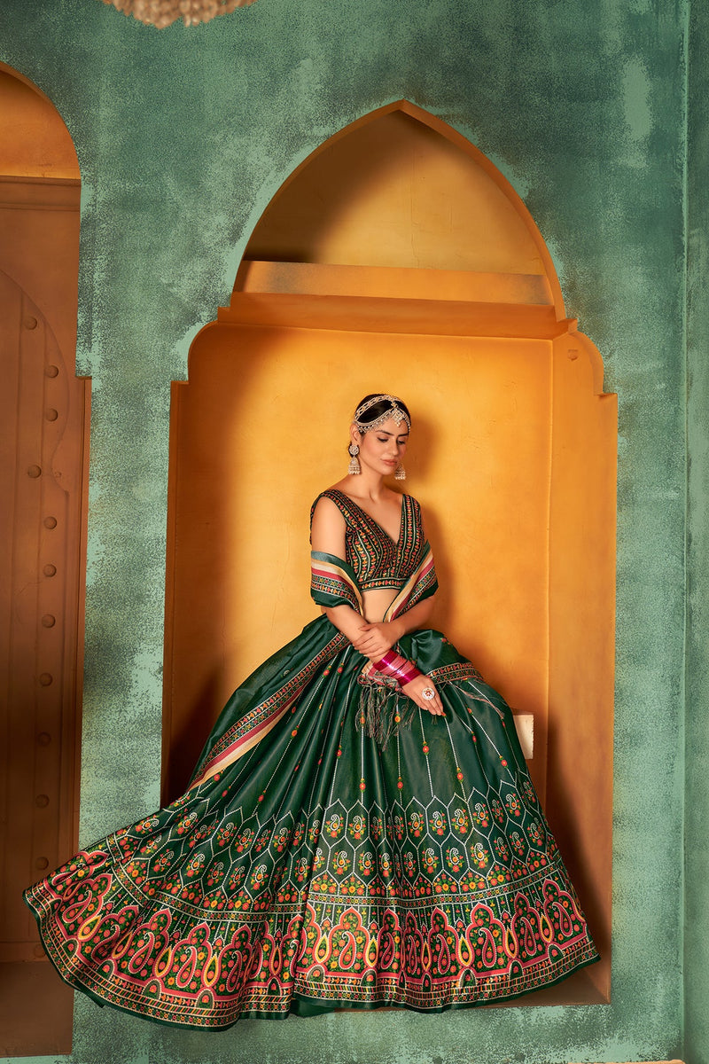 Green Color Digital Printed Pure Rera Silk Bridal Lehenga & Unstitched Blouse With Dupatta