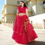 Adorable Rich Red Colored Wedding Wear Designer Gotta Patti Pattern Butterfly Net Lehenga Choli