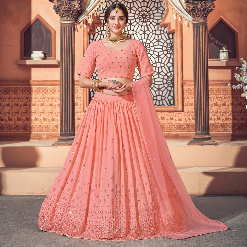 Peach Festive Wear Thread with Sequence Embroidered Georgette Lehenga Choli